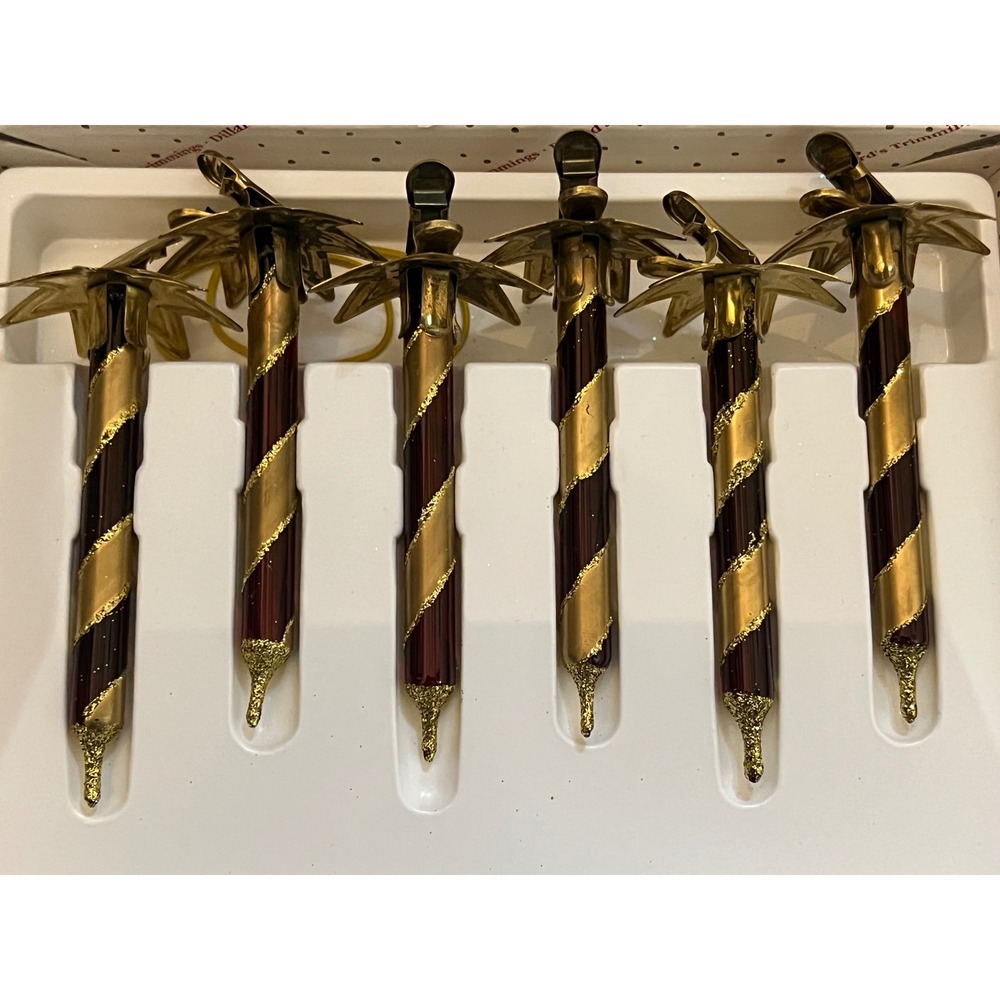 Vintage Dillards Blown Glass Striped Burgundy & Gold Glass Clip On Ornament‎ Set